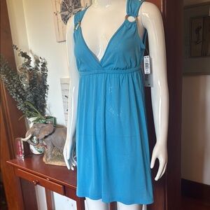 NWT Cover Me size small swim cover up Blue Sleeveless Dress with Ring Details